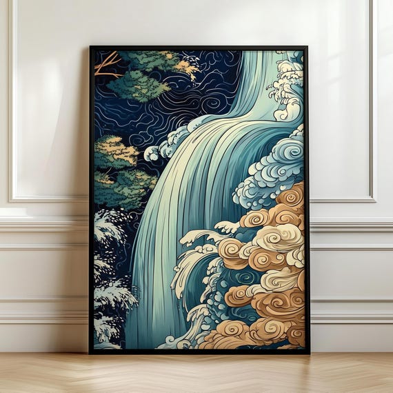 Japanese Ikigai Ukiyo E Print Waterfall Painting Poster Masculine Wall Hanging Art Traditional Japanese Artwork