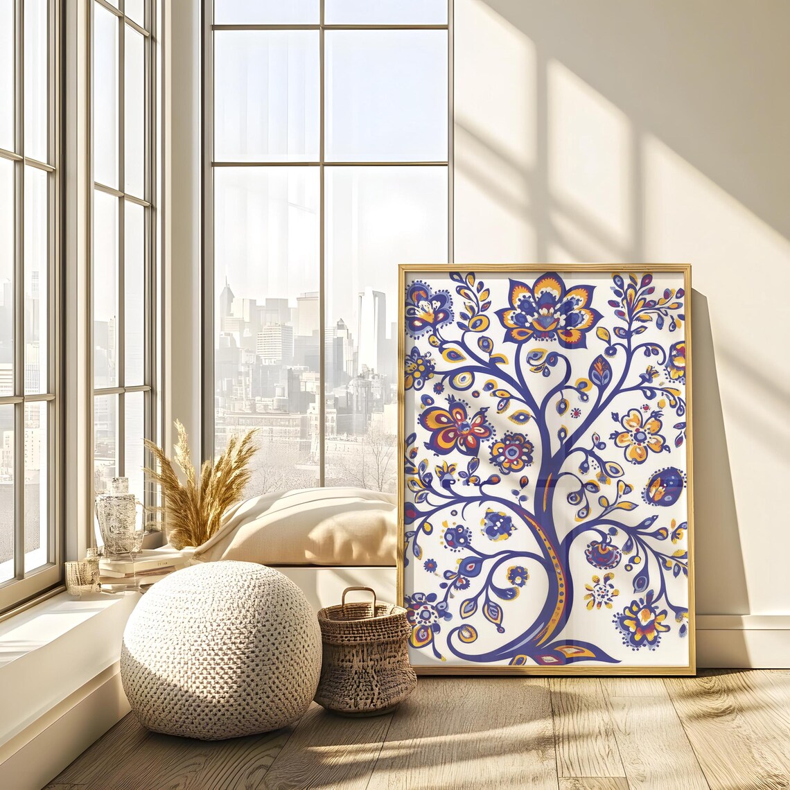 Indigo Blue Ukrainian Folk Tree Of Life Yellow Orange Floral Poster - Image 4