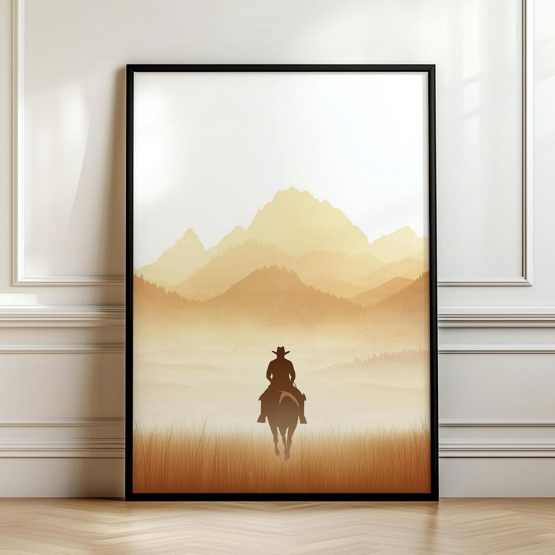 Cowboy Riding Away Toward Glowing Golden Mountain Peaks Poster