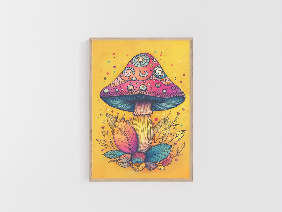 Celestial Patterned Mushroom On Yellow Psychedelic Art Poster - Image 4