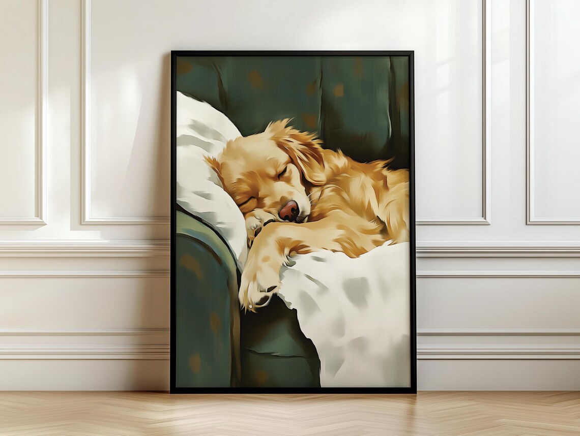 Golden Retriever Puppy Sleeping on Green Couch Soft Painting Poster - Image 7