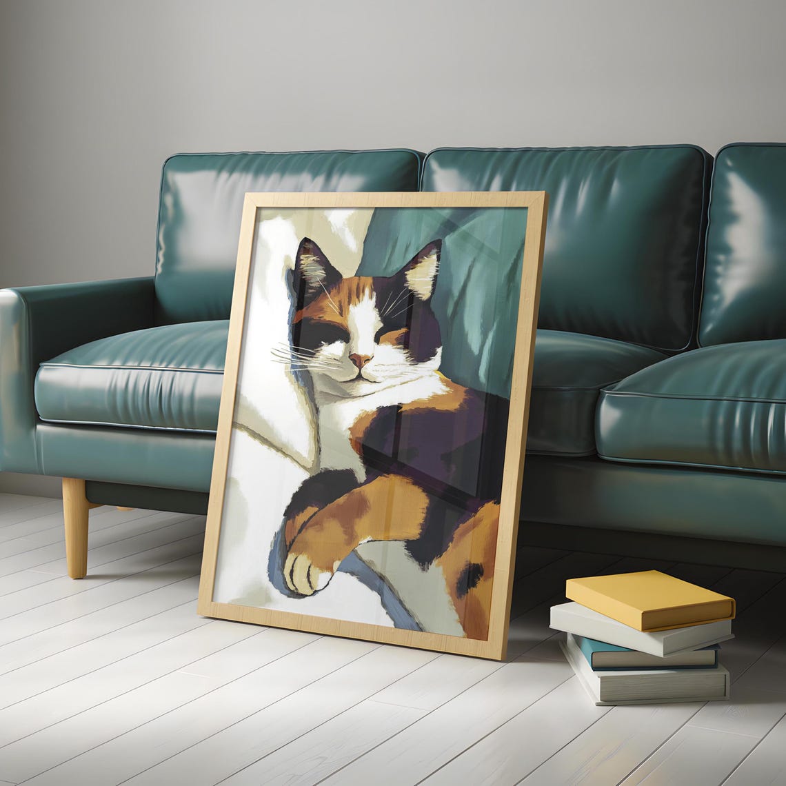 Sleeping Calico Cat Portrait Teal Background Soft Painterly Poster - Image 4