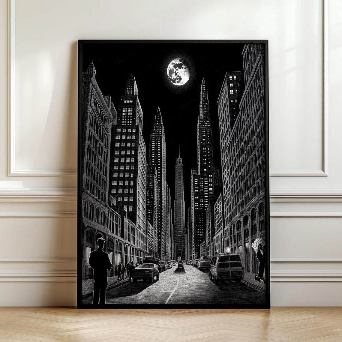 Dark Skyscraper Street Under Full Moon Detailed Sketch Poster