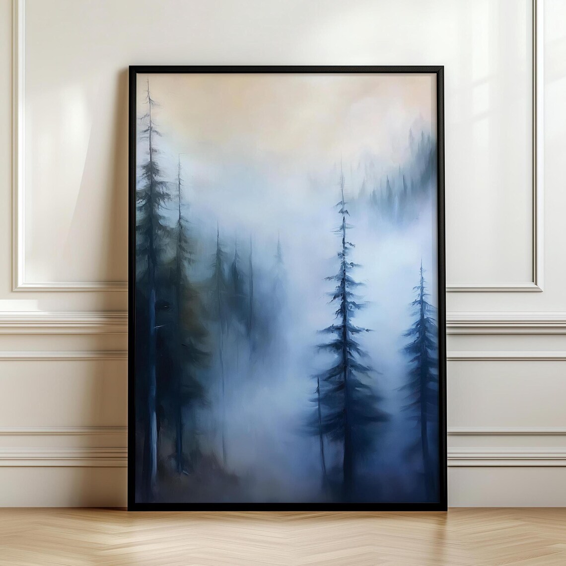 Serene Foggy Blue Pine Forest in Cool Misty Tones Painting Poster - Image 7