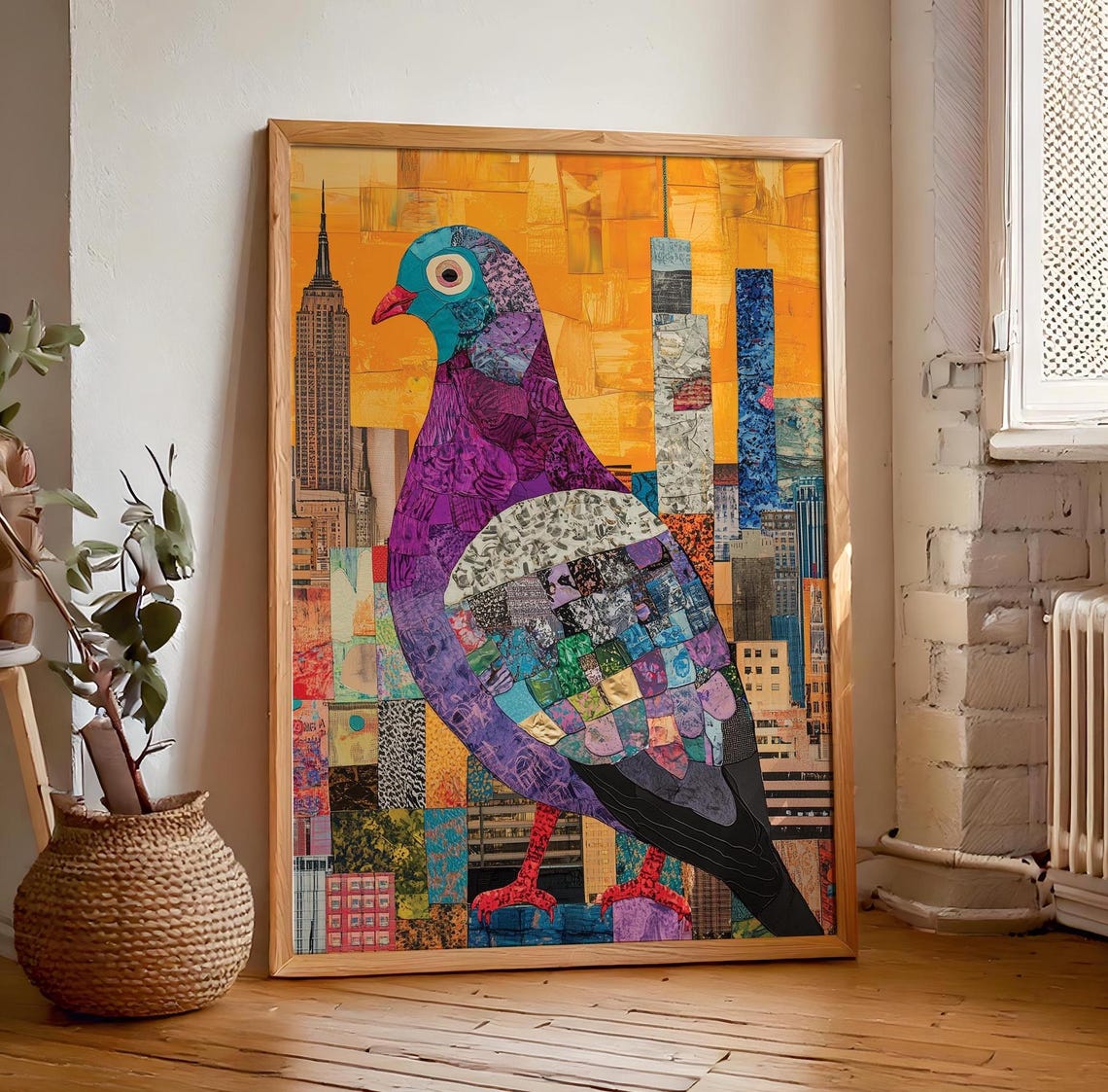 Patchwork Collage Pigeon Over New York City Skyline Art Poster