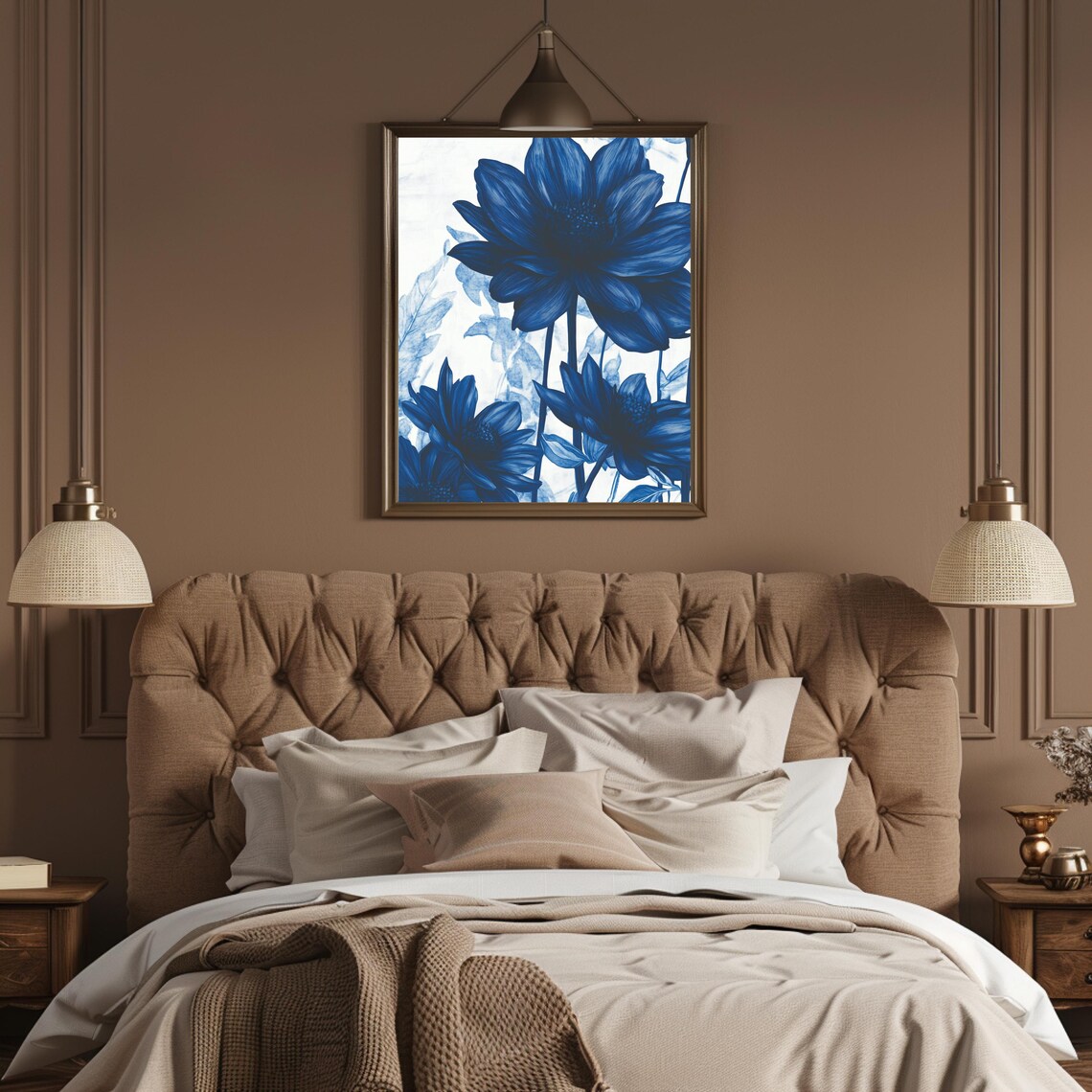 Large Cobalt Blue Flower Bloom Pair Botanical Watercolor Art Poster - Image 3