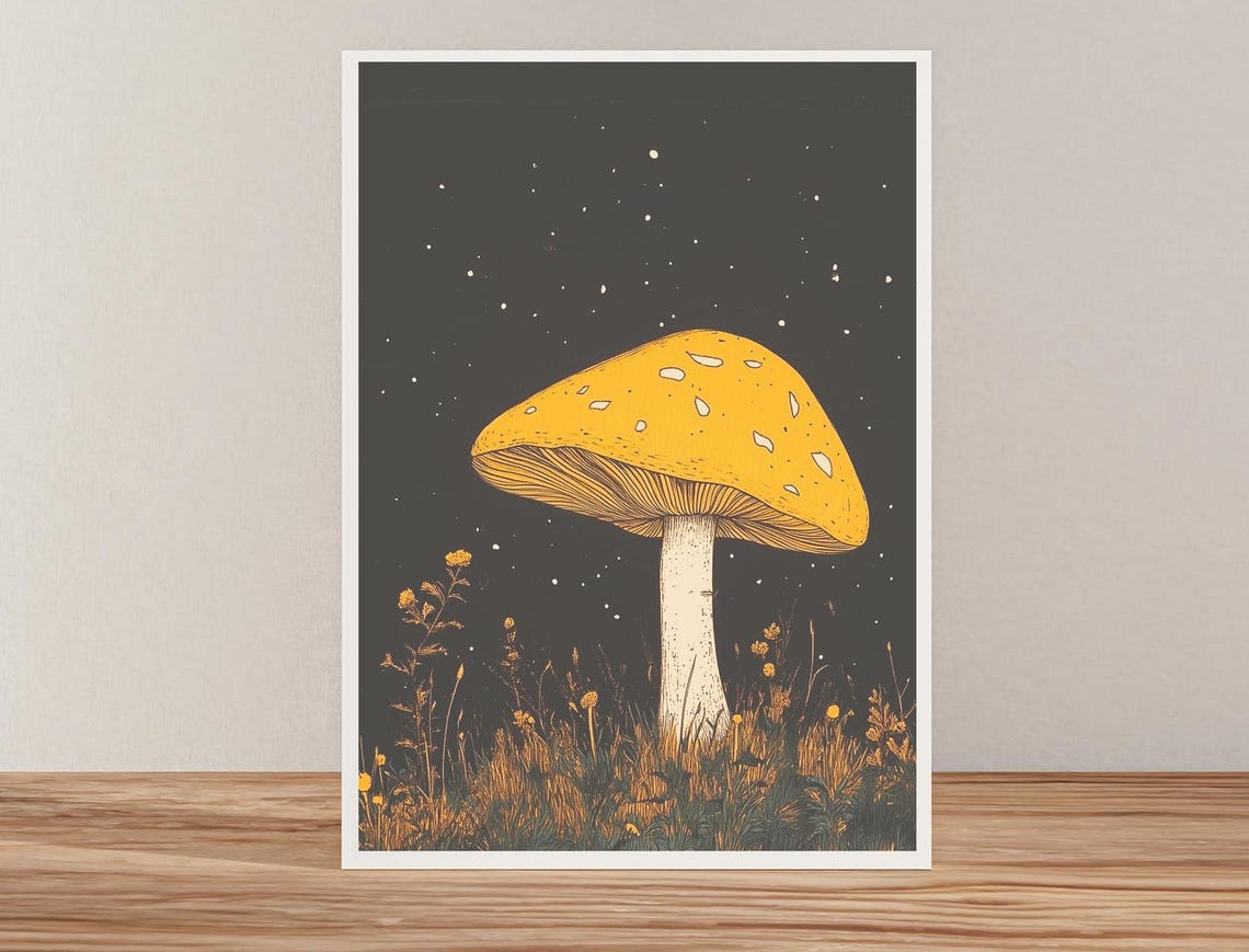 Golden Mushroom Under Starry Night Dark Botanical Art Poster