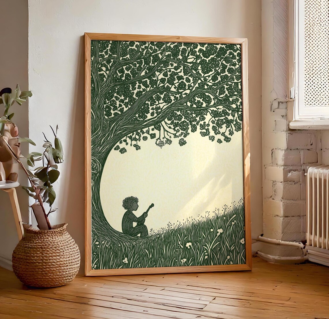 Boy With Pipe Under Great Tree Green Ink Folk Illustration Tapestry Style Art Poster - Image 7