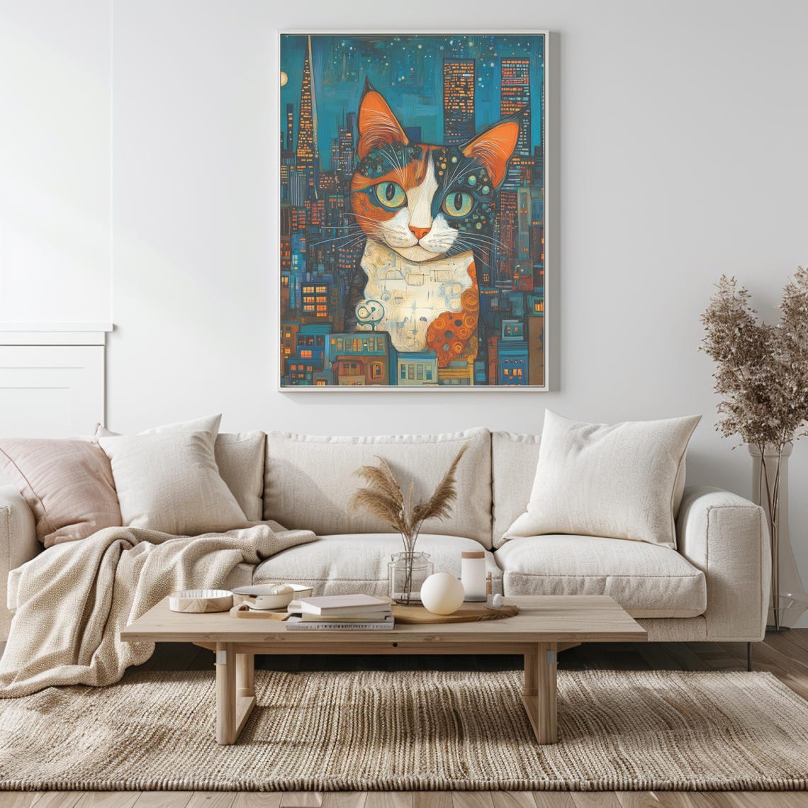 Calico Cat Over Night City Skyline Whimsical Painted Art Poster - Image 4