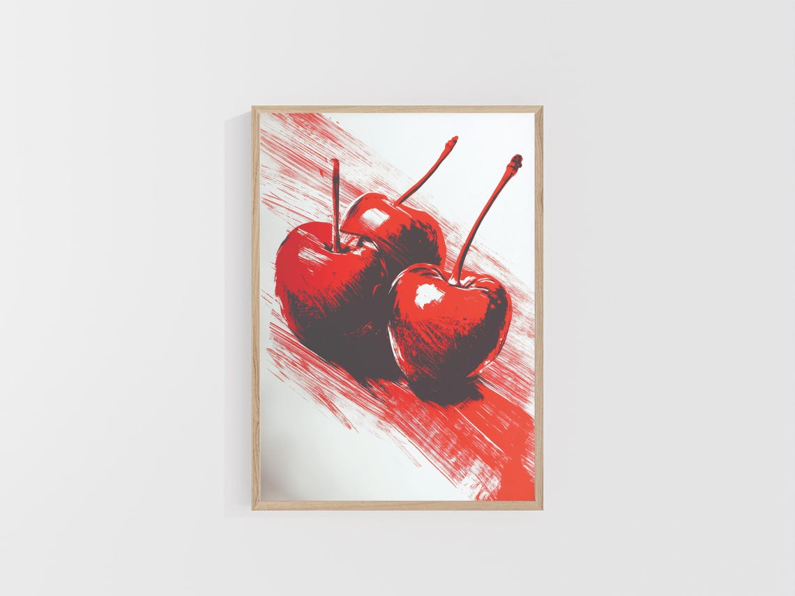 Three Red Cherries With Bold Painterly Brushstrokes Art Poster - Image 4
