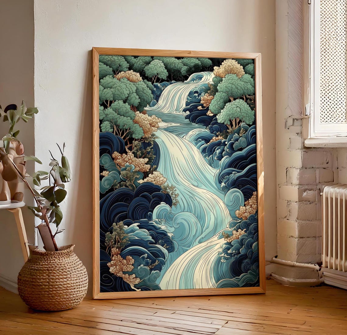 Japanese Ikigai Ukiyo E Print Waterfall Painting Poster Masculine Wall Hanging Art Traditional Japanese Artwork