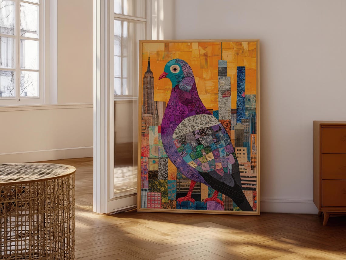 Patchwork Collage Pigeon Over New York City Skyline Art Poster - Image 6