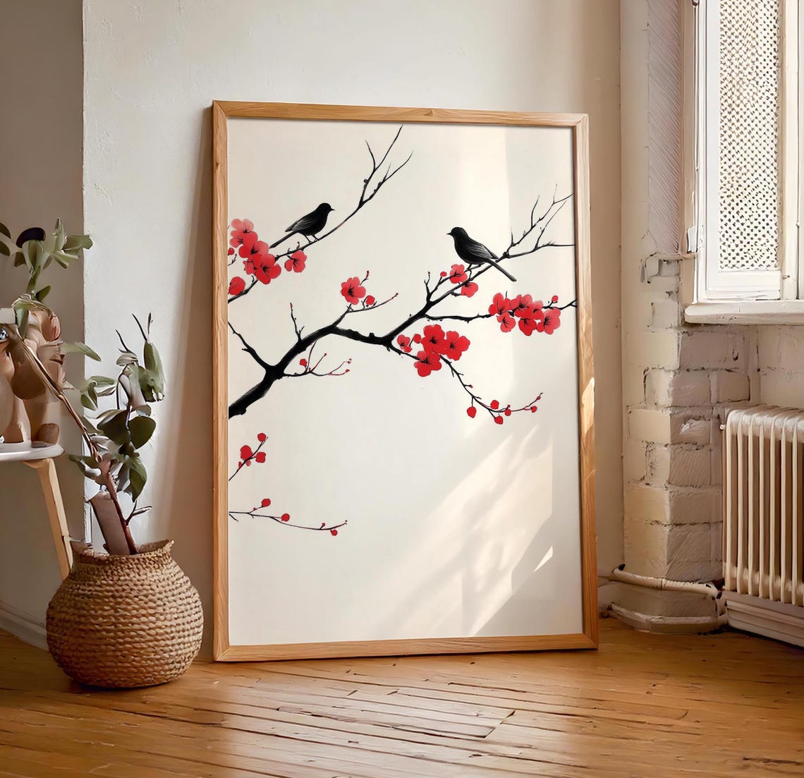 Two Black Birds Ink Painting Perched On Red Blossom Branches Poster