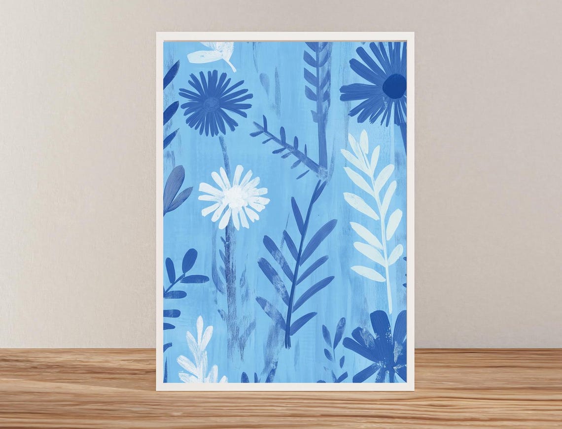 Sky Blue Daisy Meadow Abstract Botanical Silhouette Art Poster