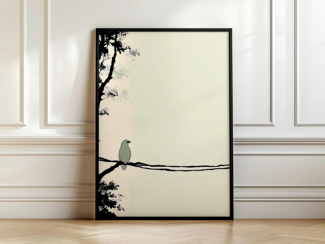 Sage Green Bird On Long Branch With Ink Tree Silhouette Poster - Image 7