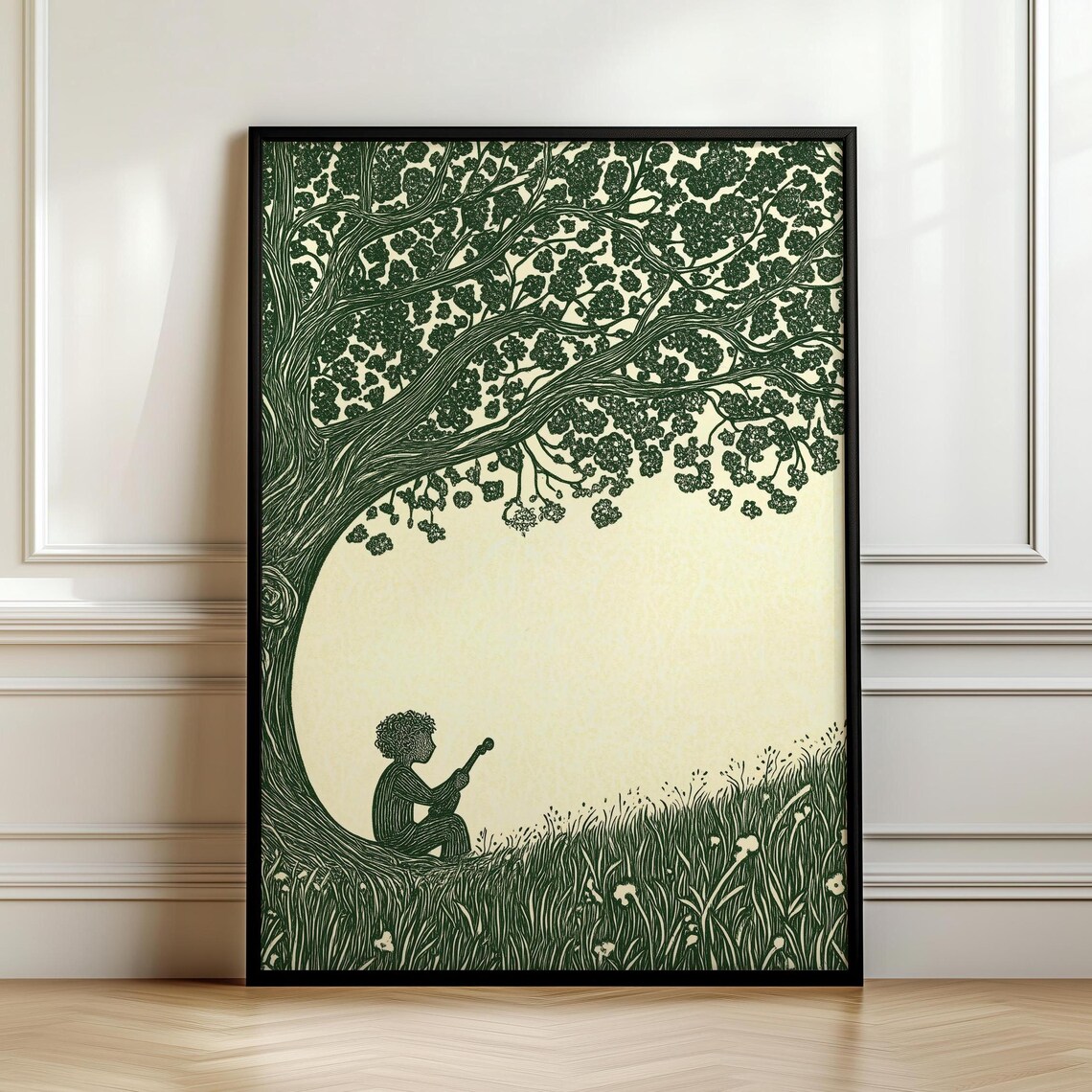 Boy With Pipe Under Great Tree Green Ink Folk Illustration Tapestry Style Art Poster