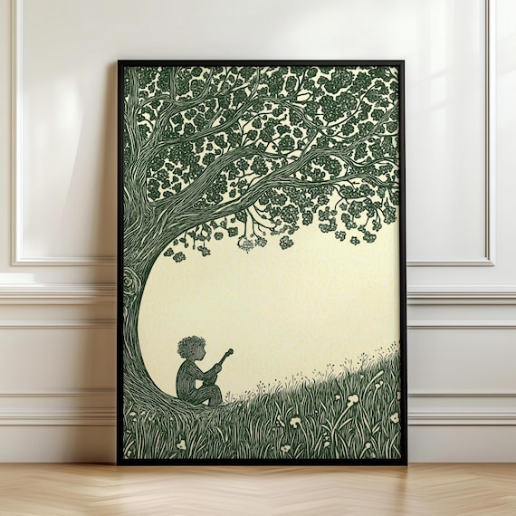 Boy With Pipe Under Great Tree Green Ink Folk Illustration Tapestry Style Art Poster