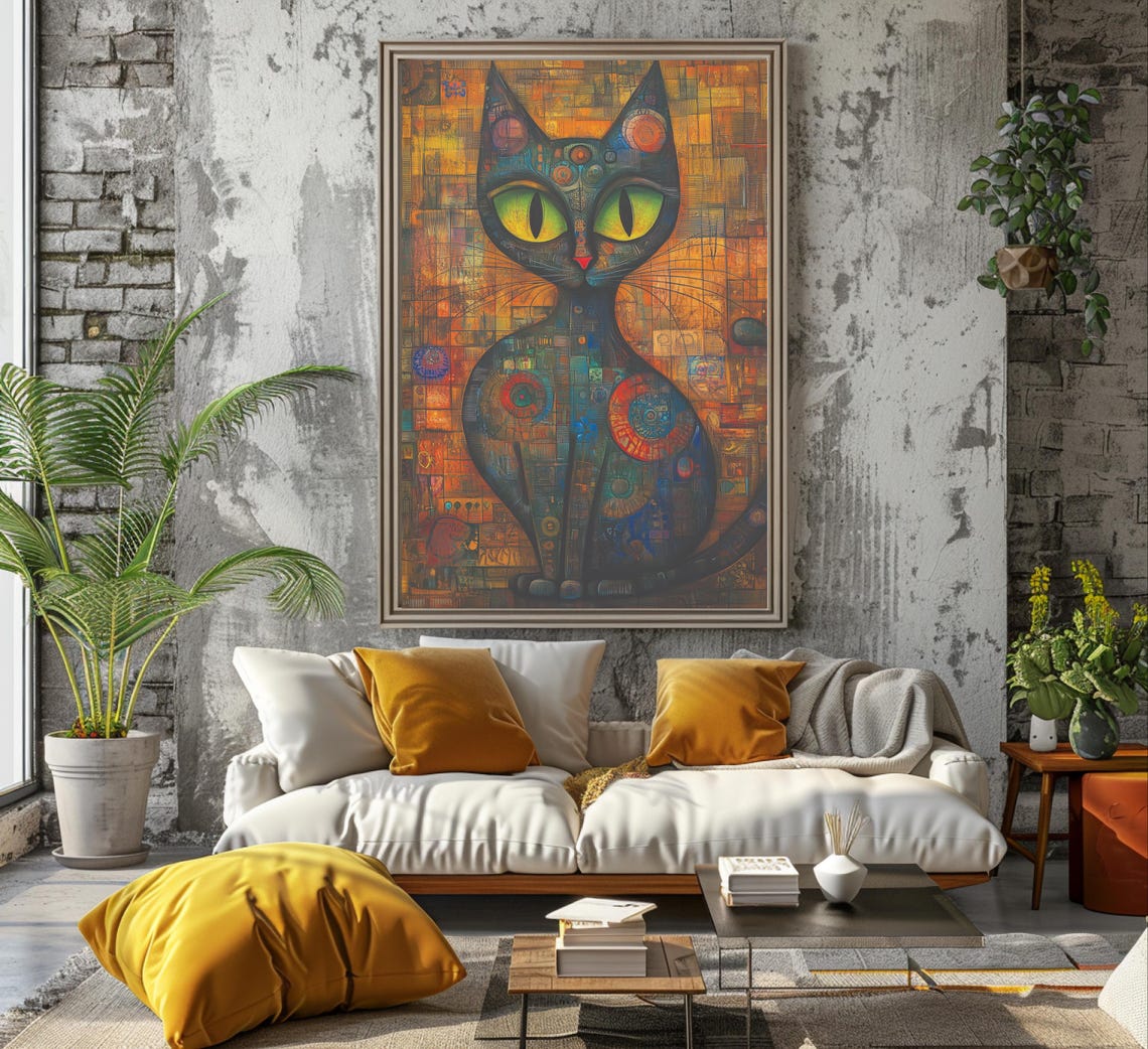 Black Mosaic Cat with Big Green Eyes Whimsical Pop Art Poster - Image 5