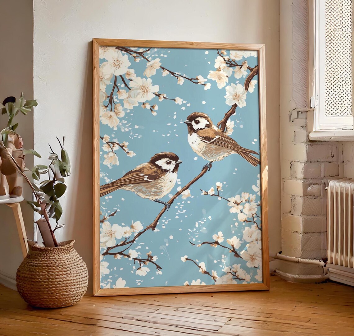 Two Birds On Diagonal Branch White Blossoms Clear Blue Sky Poster