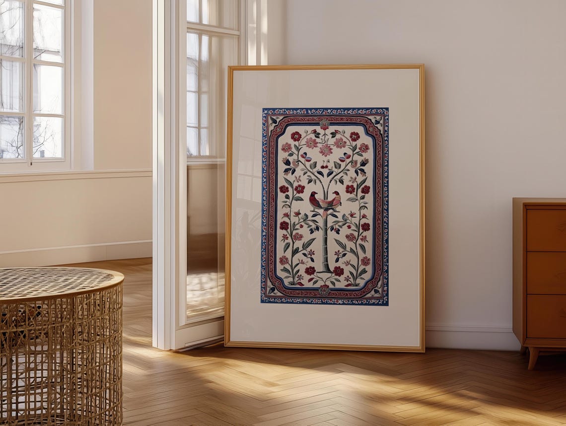 Red Kashmiri Tree of Life With Two Birds Floral Textile Poster - Image 6