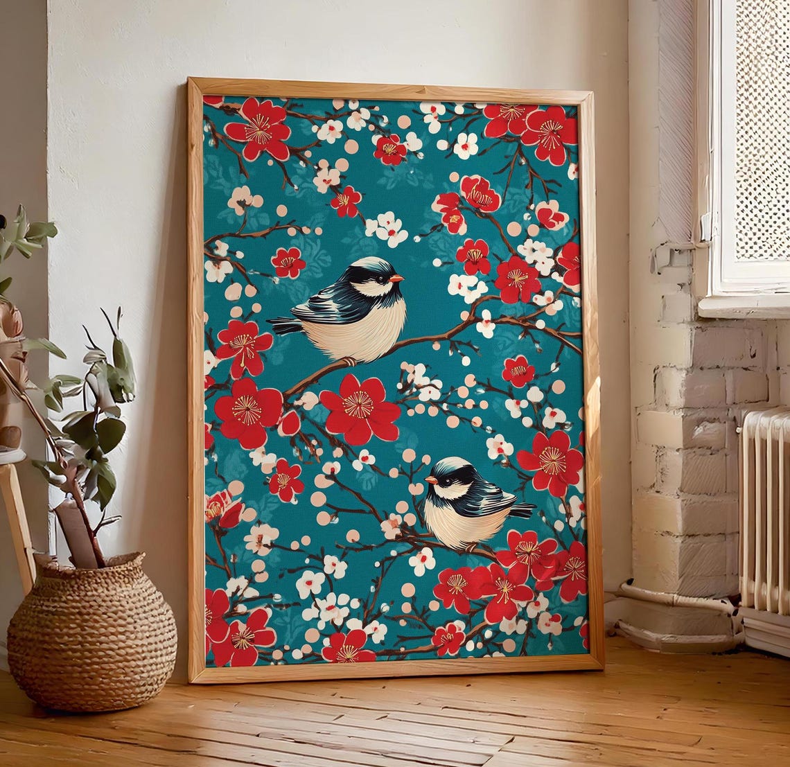 Two Small Birds On Red Blossom Tree Teal Chinoiserie Style Poster