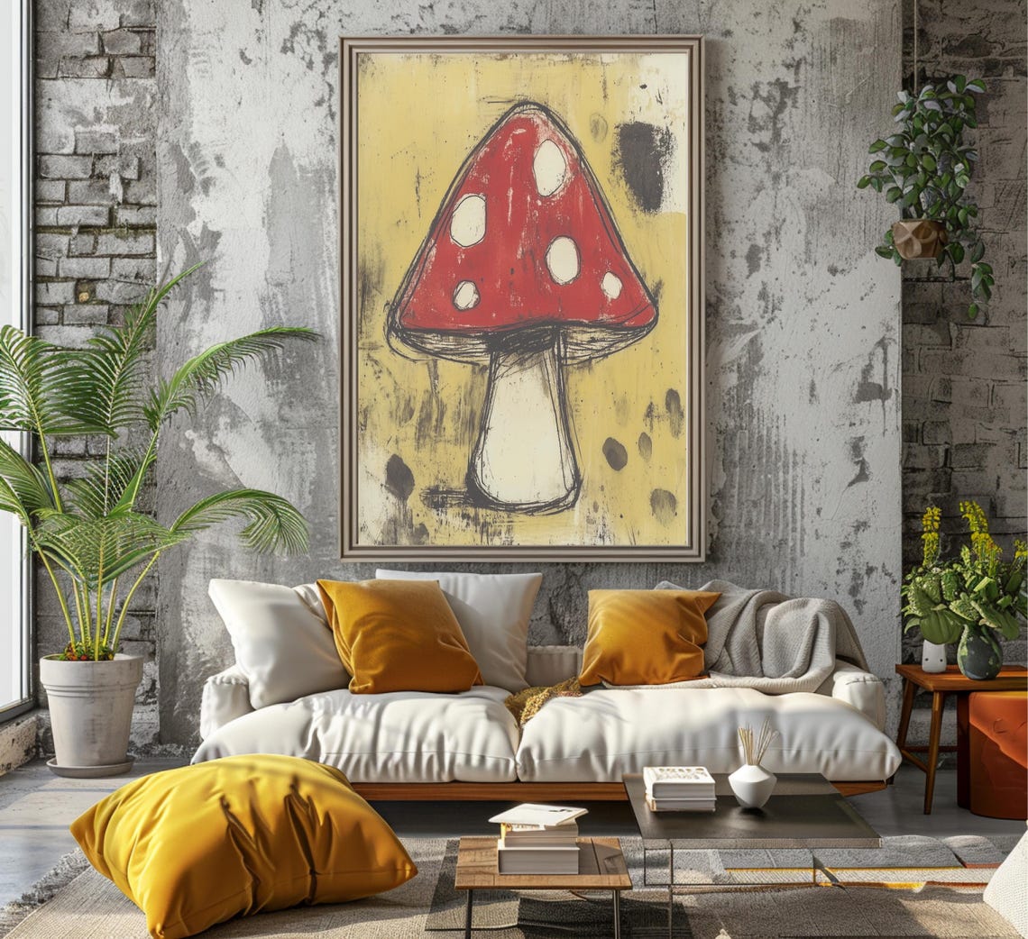 Sketchy Red Spotted Mushroom on Mustard Grunge Background Poster - Image 7