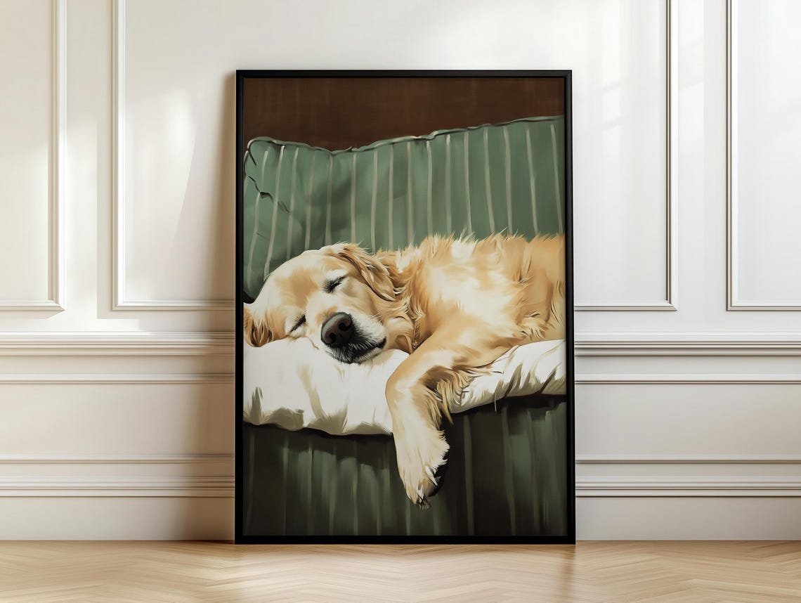 Golden Retriever Asleep on Green Striped Couch Paw Hanging Dog Poster - Image 7