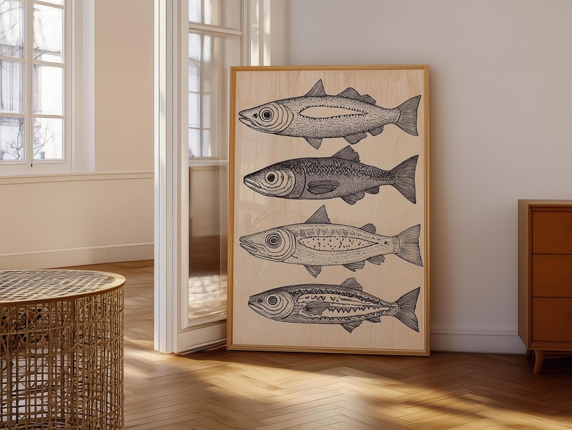 Woodcut Fish Print Wall Art Folk Art Inspired Prints Nautical Coastal Decor Neutral Boho Wall Hanging - Image 6