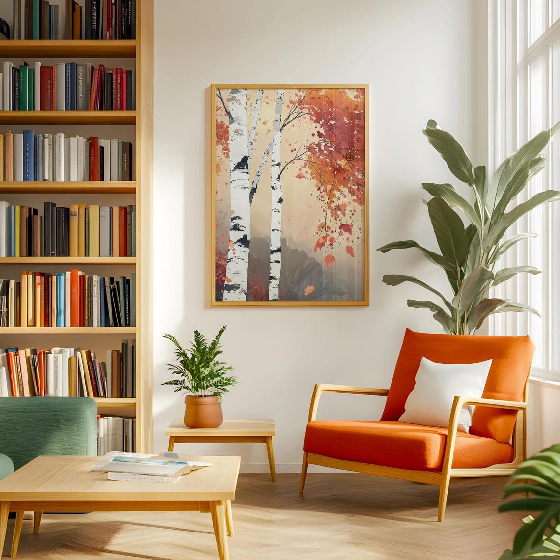 Two White Birch Trunks With Crimson Autumn Foliage Cream Poster - Image 5