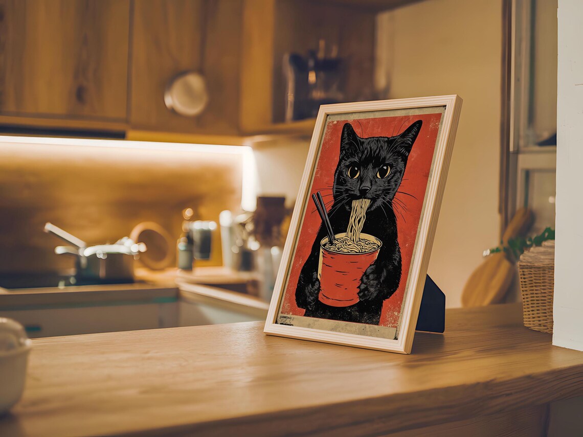 Black Cat Eating Ramen Vintage Style Funny Feline Food Poster - Image 6