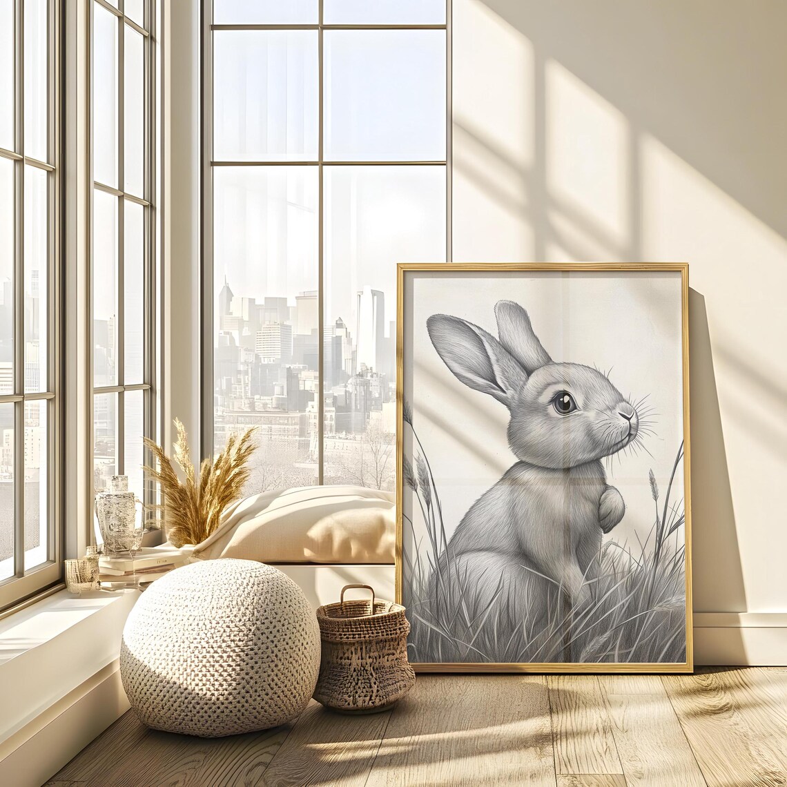 Sitting Bunny Looking Up Pencil Drawing Delicate Monochrome Rabbit Sketch Art Poster - Image 2