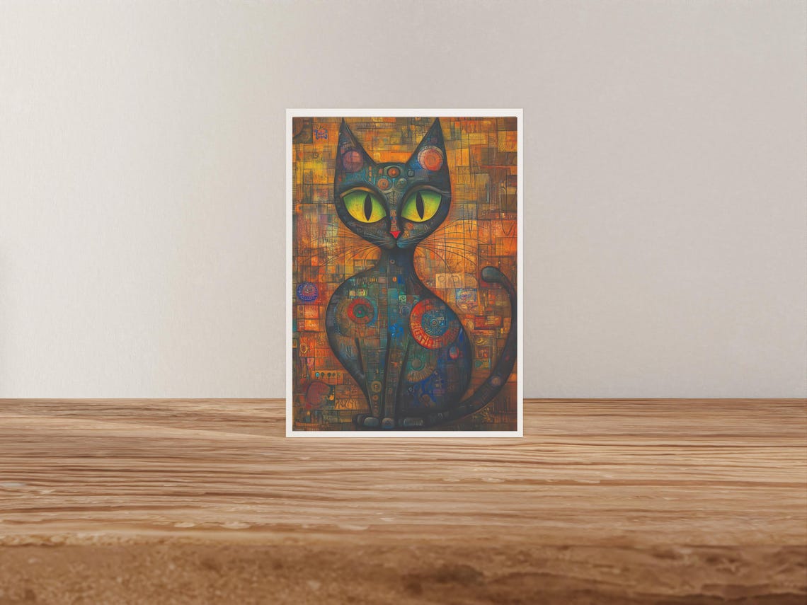 Black Mosaic Cat with Big Green Eyes Whimsical Pop Art Poster - Image 2