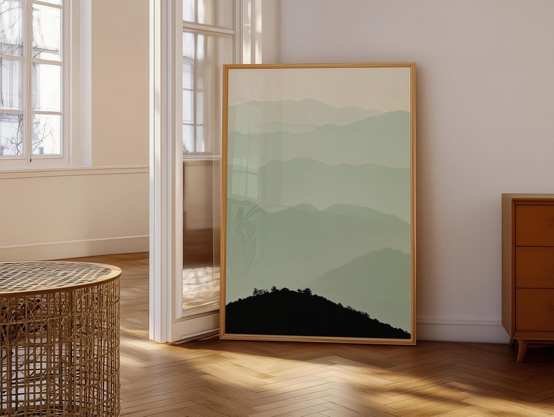 Sage Green Mountain Wall Art Sage Green Print Lime Cream Art Minimalist Peaceful Foggy Calming Scene - Image 6