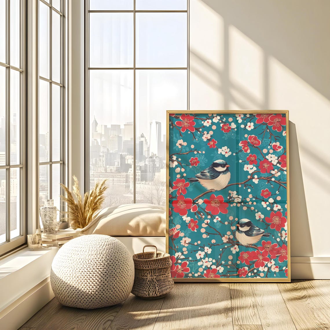 Two Small Birds On Red Blossom Tree Teal Chinoiserie Style Poster - Image 4