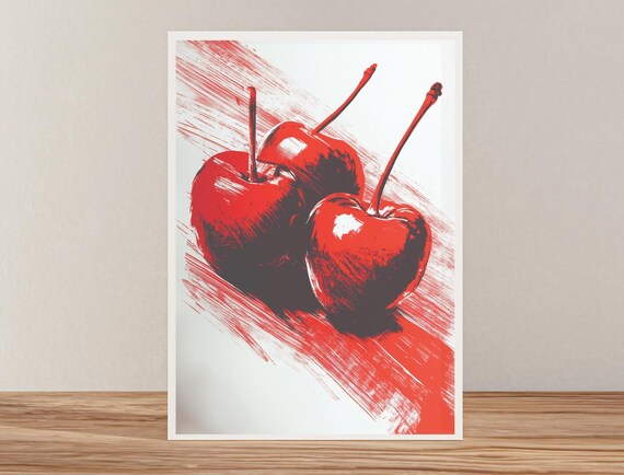 Cherry Print Three Cherries Painted On White Bright Red Artwork For The Kitchen Colorful Kitchen Art
