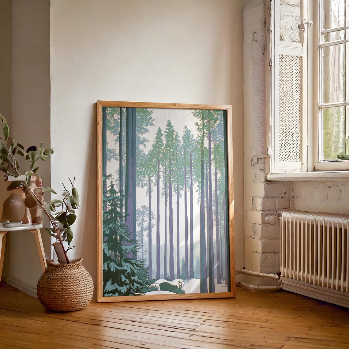 Towering Pine Trees In Misty Forest Vertical Light Art Poster - Image 6