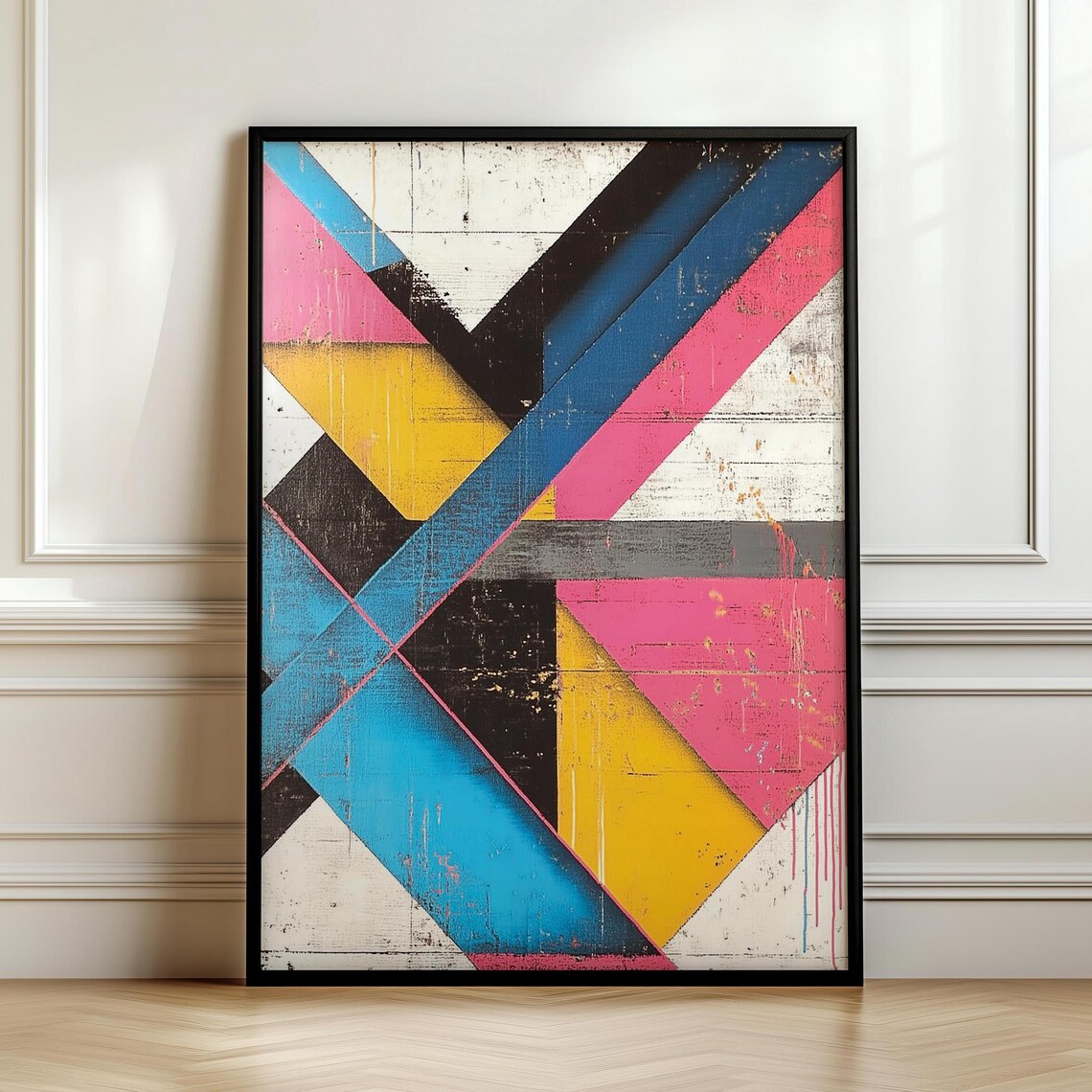 Bold Maximalist Geometric Abstract with Pink Blue Yellow Beams Poster