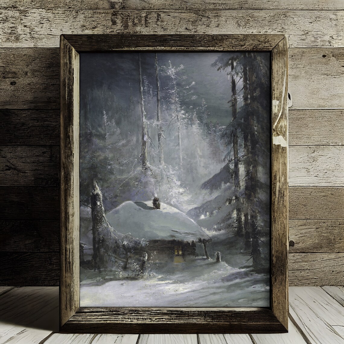 Vintage Moonlit Winter Cabin In Snowy Forest Glowing Window Poster - Image 2