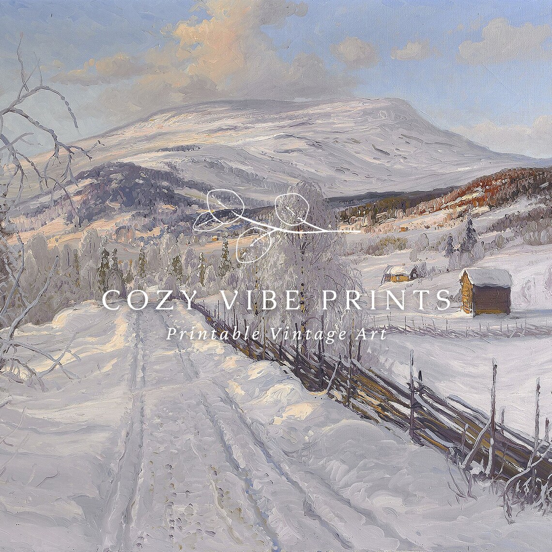 Snowy Mountain Road Farmhouse Vintage Winter Landscape Oil Painting Print - Image 2