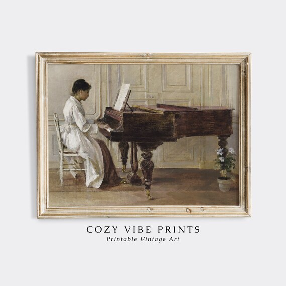 Vintage Woman Playing Grand Piano Oil Painting Elegant Music Poster