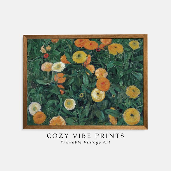 Marigolds Still Life Oil Painting Vintage Wall Art Moody Farmhouse Flowers Print Antique Colorful Home Decor