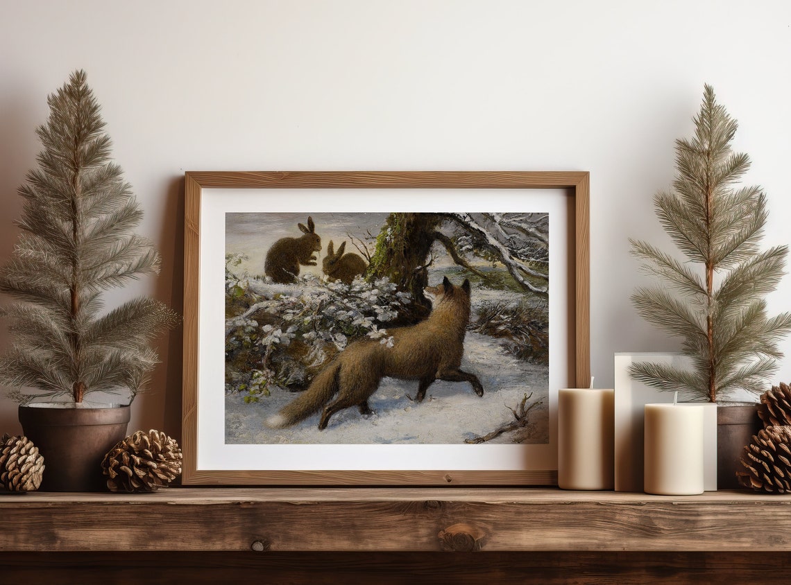 Fox and Rabbits in Snow Vintage Wildlife Winter Painting Wall Art - Image 4