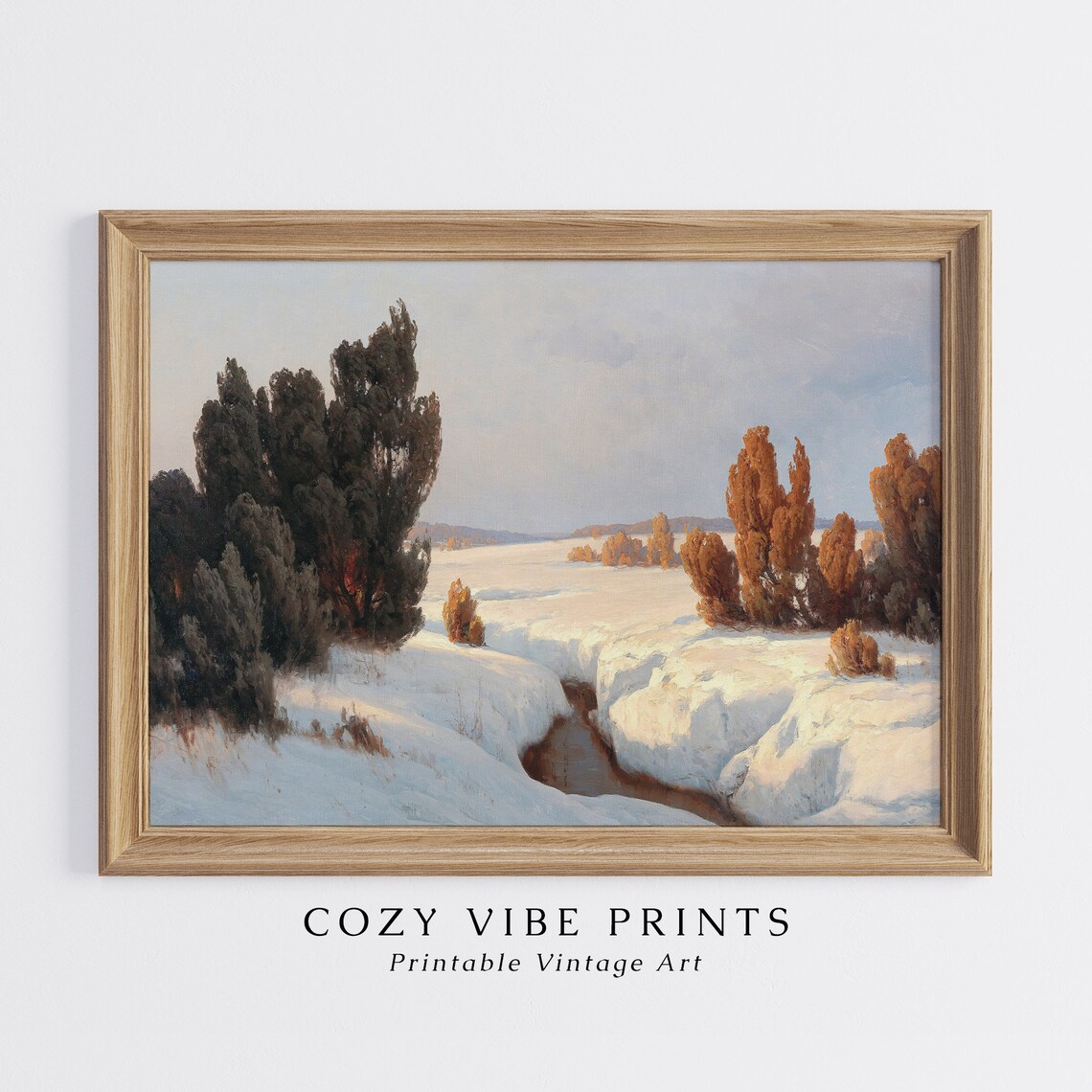 Vintage Snowy Brook At Sunset Golden Lit Winter Trees Landscape Poster - Image 4