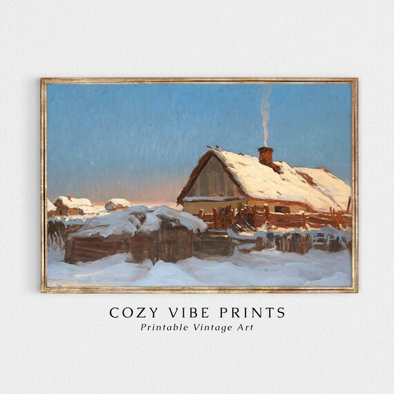 Winter Cabin With Smoking Chimney Snowy Vintage Landscape Wall Art
