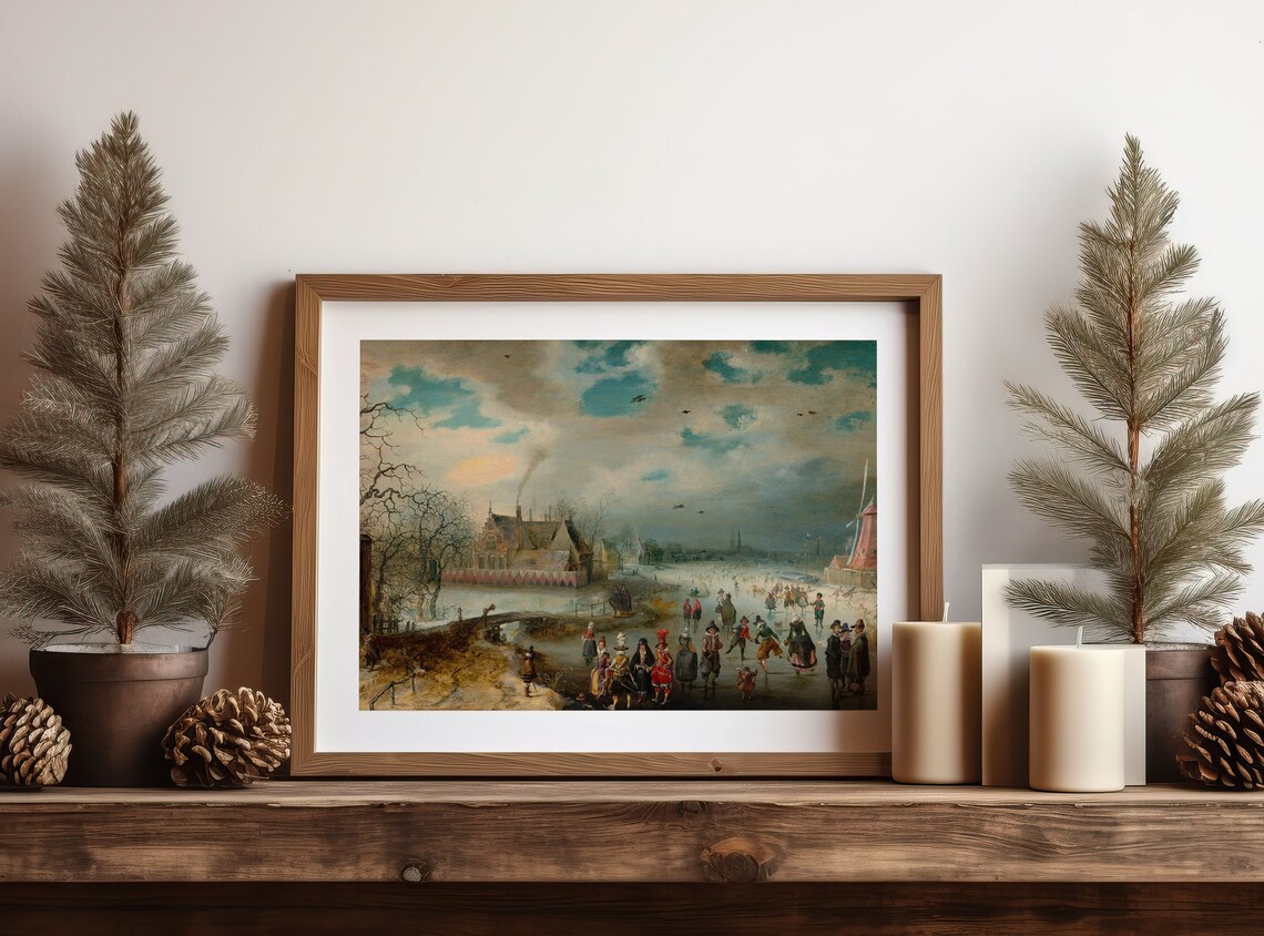 Dutch Winter Skaters on Frozen Canal Old Masters Scene Painting Poster - Image 4
