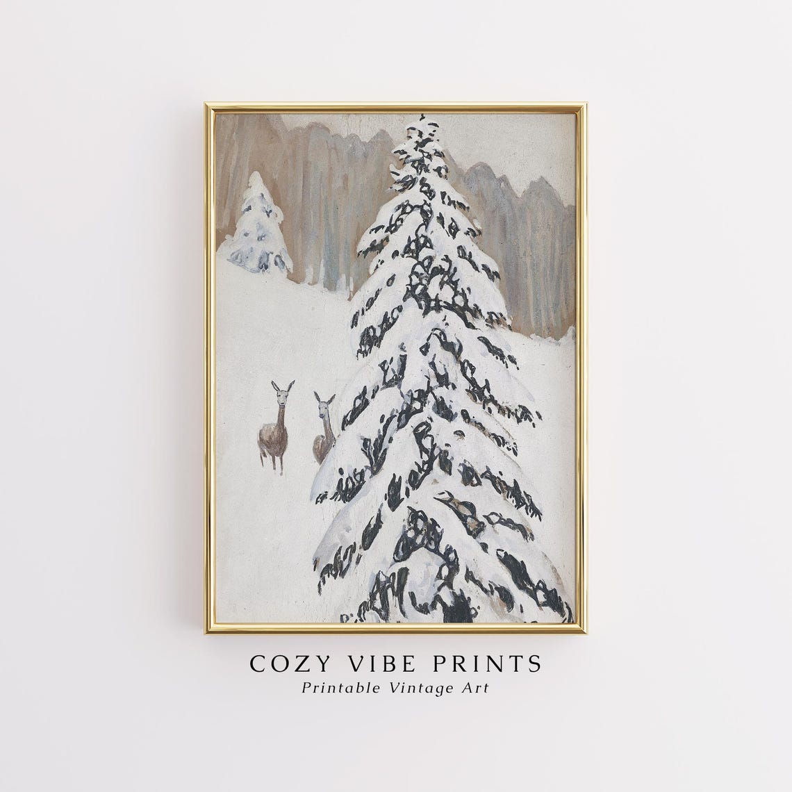 Snowy Winter Forest Pine Trees Deer Vintage Christmas Poster