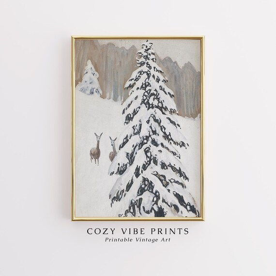 Snowy Winter Forest Pine Trees Deer Vintage Christmas Poster