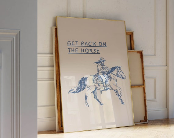 Vintage Cowboy Poster Minimalist Western Wall Art Cowboy Quote Print Retro Horseback Riding Poster Western Home Decor Wild West Print Blue