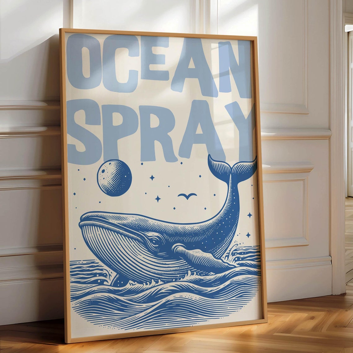 Ocean Spray Whale Vintage Retro Blue Sea Moon Stars Art Poster