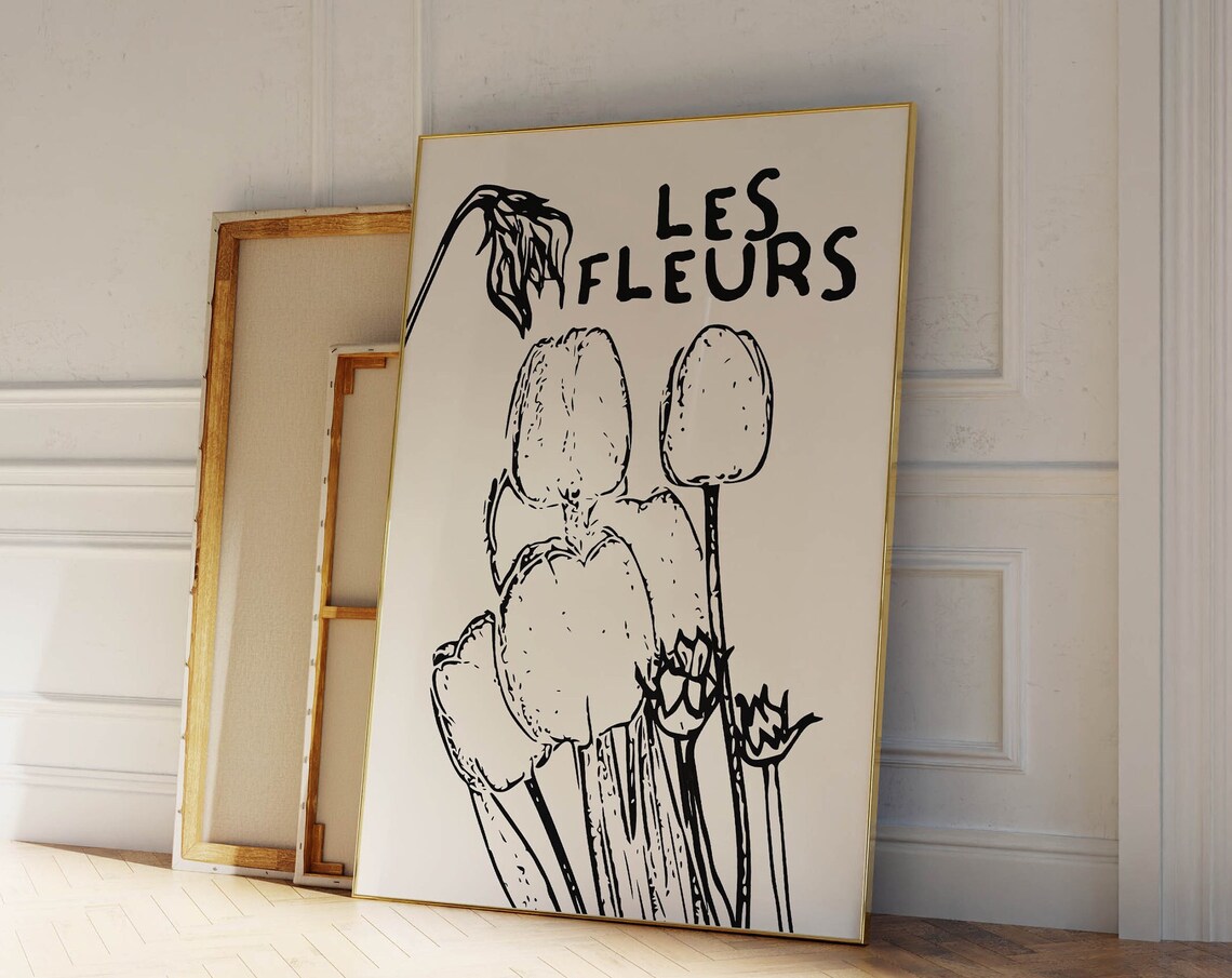 Les Fleurs Black Tulip Botanical Ink Drawing French Floral Art Poster
